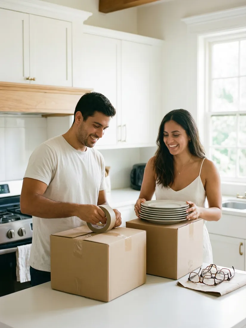 Pareja guardando platos en cajas y cerrándolas con cinta en su cocina